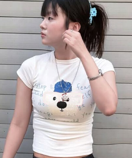 여름 소녀 센스 재미있는 강아지 낙서 프린트 긍정적 인 어깨 반팔 느긋한 바람 몸매 가꾸기 티셔츠