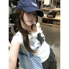 批发韩系少女复古爱心波点斜肩短袖甜辣妹夏修身显瘦<b class='q'>打底衫</b>