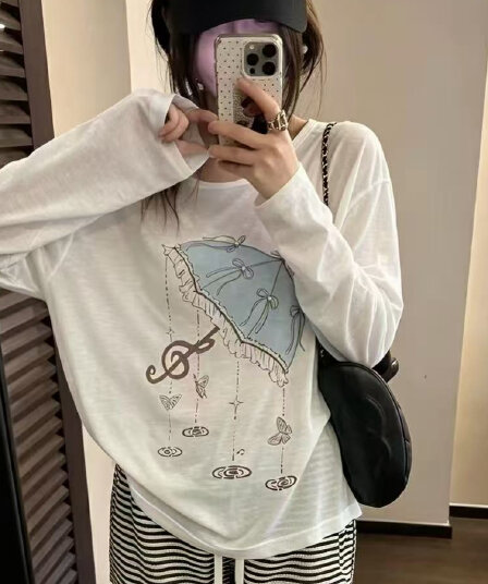 캐주얼 우산 프린트 얇은 스타일 긴팔 티셔츠 여성 의류 여름 Chic 루즈핏 슬림해 보이는 자외선 차단 블라우스