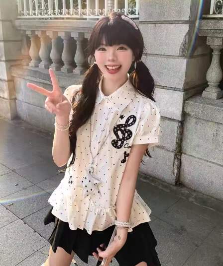 도트 무늬 자수 프릴 반팔 여성 셔츠 여름 허리 수축 슬림해 보이는 거품 소매 POLO 칼라 맨위