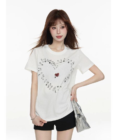 화이트 하트 라운드 넥 긍정적 인 어깨 반팔 티셔츠 여성 2026 여름 작은 키 루즈핏 프린트 레트로 캐주얼 맨위