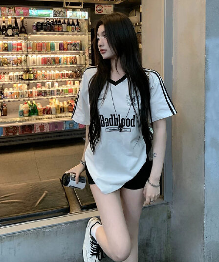 순수한 욕망 쇼트 스타일 타이트 맨위 여름 아메리칸 야구 알파벳 프린트 루즈핏 반팔 티셔츠 여성