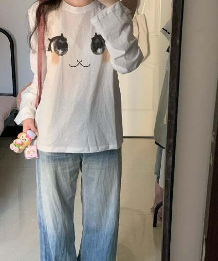 느슨함 무료 눈꽃 질감 센스 눈 프린트 루즈핏 티셔츠 여성 가을 긴팔 맨위