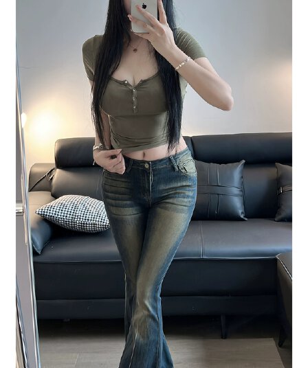 순수한 욕망 타이트 디스플레이 가슴 모달 낮은 네크라인 반팔 티셔츠 여성 여름 하이웨이스트 이슬 뼈의 몸매 가꾸기 쇼트 스타일 핫걸 맨위
