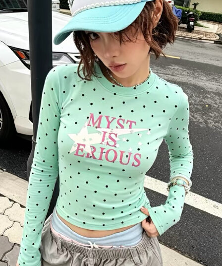 한 부서 도파민 도트 무늬 프린트 몸매 가꾸기 긴팔 티셔츠 이른 가을 작은 키 긍정적 인 어깨 슬림해 보이는 맨위