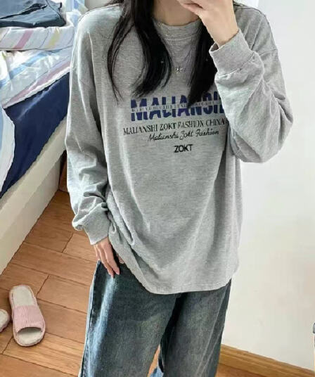 아메리칸 한 부서 캐주얼 알파벳 밝은 회색 색상 순면 긴팔 티셔츠 여성 이른 가을 폭발 루즈핏 조수 브랜드 만나는 맨위