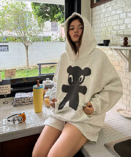 아메리칸 레트로 고양이 프린트 후드 티 스웨터 여성 루즈핏 털이 있는 느긋한 바람 oversize 재킷