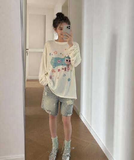 느긋한 바람 작은 대중 꽃 긴 머리 소녀 프린트 얇고 가벼운 자외선 차단 블라우스 여성 여름 루즈핏 마이크로 ~을 통해 캐주얼 긴팔