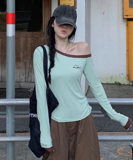 한 부서 비스듬한 어깨 남자 웨이브 박하 녹색 맨위 긴팔 티셔츠 여성 레저 몸매 가꾸기 오프숄더 인사이드 가져 가라. 기본 셔츠