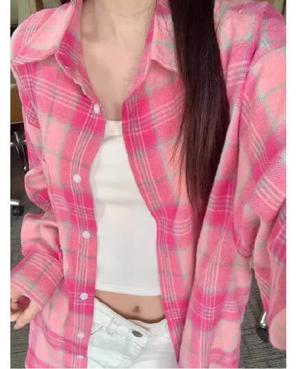 아메리칸 핑크색 체크무늬 여성 셔츠 봄 가을 새로운 루즈핏 슬림해 보이는 캐주얼 품격 셔츠 맨위