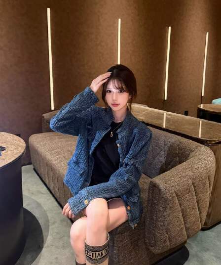 파란색 레트로 짜임 작은 샤넬 스타일 데님 재킷 가을 새로운 패션 다용도 재킷 맨위