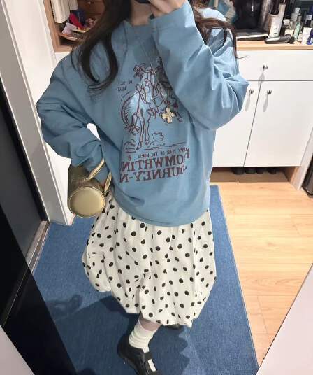 아메리칸 레트로 느긋한 바람 긴팔 티셔츠 여성 루즈핏 캐주얼 새로운 승마자 프린트 무거운 다용도 만나는 맨위