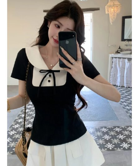 학원 스타일 연령 감소 검정색 페이크 레이어드 반팔 티셔츠 여성 여름 착용 가져 가라. 고유 한 아름다운 miu 부서 베이비 칼라 맨위