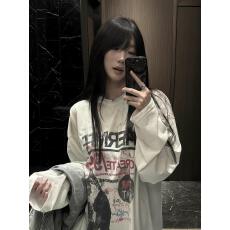 批发美式高街卡通猫咪白色长袖t恤女春秋潮牌<b class='q'>情侣</b><b class='q'>纯棉</b>内搭打底衫上衣