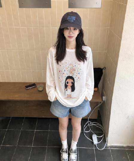 한 부서 작은 옥 프린트 반팔 벨트 자외선 차단 소매 티셔츠 여성 다용도 디자인 센스 블라우스 루즈핏 느긋한 바람 맨위