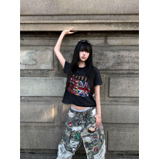批发美式<b class='q'>街头</b>水洗做旧t恤女夏季新款米字旗印花正肩短袖亚文化上衣潮