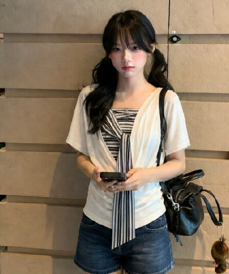 한 부서 느긋한 바람 튜브탑 조끼 반팔 블라우스 스택 착용 투피스 세트 배트윙 소매 티셔츠 맨위
