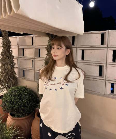 일본식 수채화 별 일러스트레이션 프린트 반팔 라운드 넥 티셔츠 여름 루즈핏 다용도 대나무 마디 면 맨위