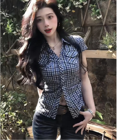 한 부서 핫걸 파란색 체크무늬 반팔 여성 셔츠 프랑스식 Chic 몸매 가꾸기 꼬집기 허리 작은 셔츠 맨위
