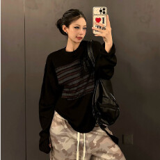 批发美式<b class='q'>街头</b>旗帜印花肌理感长袖男女秋季复古百搭小领口打底衫