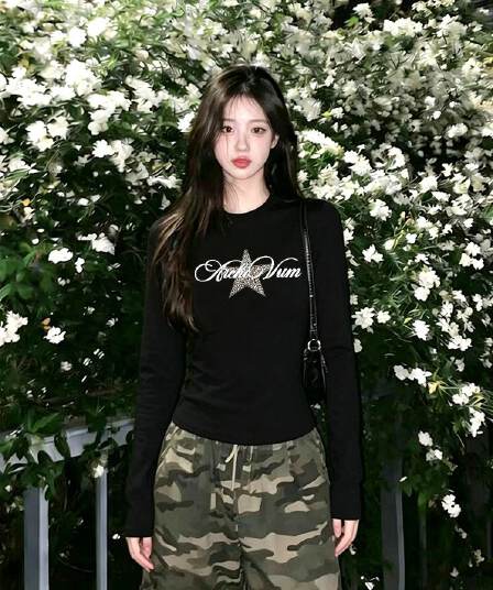 아메리칸 레오파드 무늬 별 긴팔 티셔츠 여성 긍정적 인 어깨 이른 가을 디자인 센스 핫걸 몸매 가꾸기 짧은 맨위