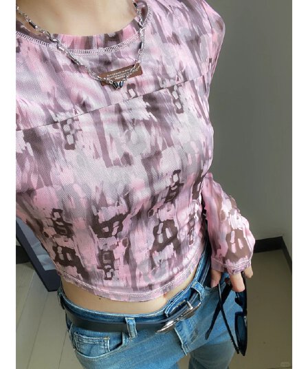 순수한 욕망 바람 달콤한 핫걸 홀치기 염색 긴팔 티셔츠 여성 이른 가을 불규칙 디자인 센스 쇼트 스타일 맨위