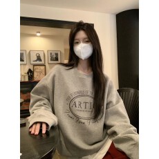 批发软糯圆领印花加绒套头卫衣女秋冬宽松慵懒美式复古休闲上衣