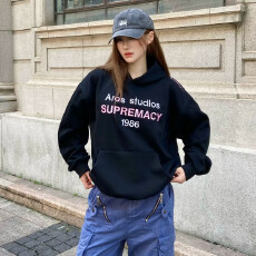 批发美式复古字母撞色印花连帽卫衣女宽松套头情侣上衣ins