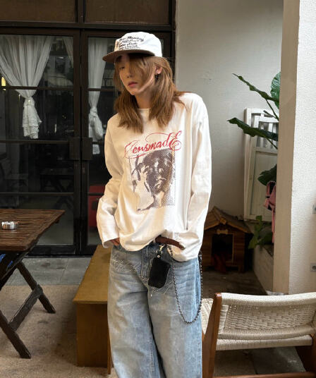 아메리칸 레트로 명상 프린트 boxy 짧은 와이드 순면 긴팔 후드티 티셔츠 vintage