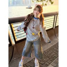 批发美式蓝色条纹撞色<b class='q'>短袖</b>t恤女夏季宽松<b class='q'>上衣</b>