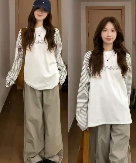 스트라이프 배색 삽입 어깨 긴팔 티셔츠 여성 루즈핏 단순한 관대 한 품격 맨위