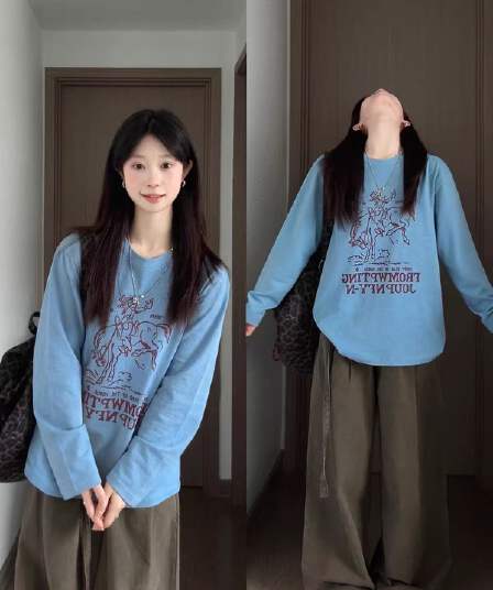 아메리칸 레트로 긴팔 티셔츠 여성 루즈핏 캐주얼 프린트 다용도 만나는 맨위