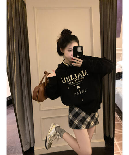 검정색 후드 티 스웨터 여성 면 100% 봄 가을 알파벳 프린트 풀오버 긴팔 맨위