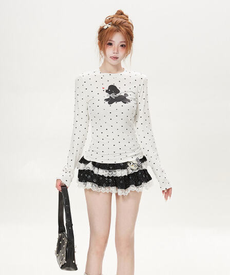 아메리칸 핫걸 도트 무늬 긴팔 티셔츠 여성 가을 몸매 가꾸기 슬림해 보이는 만화 프린트 기본 셔츠 맨위