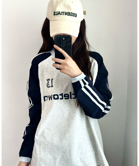 아메리칸 학원 스타일 배색 패치워크 긴팔 티셔츠 남성 가을 겨울철 커플룩 알파벳 프린트 루즈핏 맨위 서비스