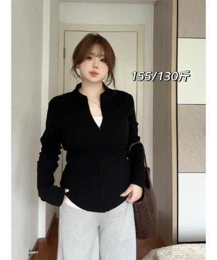 빅 사이즈 고급 센스 검정색 스탠드 칼라 긴팔 짧은 여성 코트 가을 지방 mm 몸매 가꾸기 꼬집기 허리 슬림해 보이는 아름다운 자켓