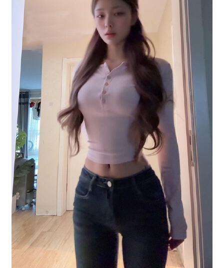 아메리칸 레트로 하프 단추 허리 수축 긴팔 티셔츠 여성 봄 가을 몸매 가꾸기 슬림해 보이는 디자인 느긋한 바람 캐주얼 맨위 트렌디