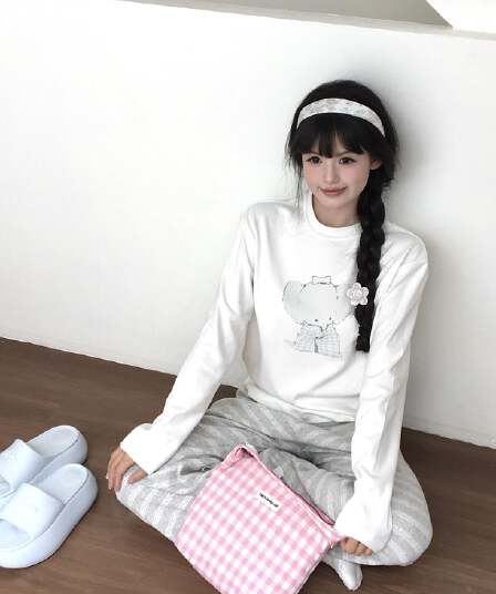 작은 대중 한국 ins 블루 그리드 아기 코끼리 순면 라운드 넥 긴팔 티셔츠 여성 품격 루즈핏 캐주얼 연령 감소 귀여운 맨위