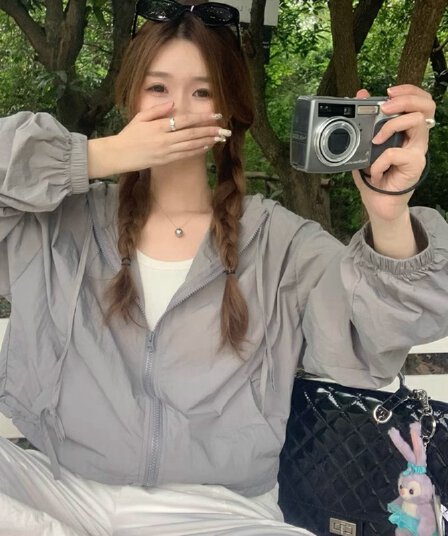 산계 야외 회색 후드 자외선 차단 의류 얇은 스타일 지퍼 오픈 가디건 여성 여름 캐주얼 자켓 기능 바람 재킷