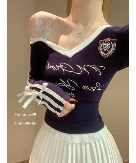 아메리칸 핫걸 오프숄더 슬립 맨위 여성 이른 가을 페이크 레이어드 오프숄더 긴팔 티셔츠 레이스 기본 셔츠 인사이드 가져 가라.
