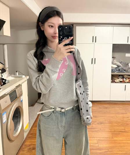 하트 고양이 발톱 프린트 쇼트 스타일 후드 티 스웨터 여성 조기 봄 아메리칸 풀오버 루즈핏 모자 셔츠 회색 다용도 맨위