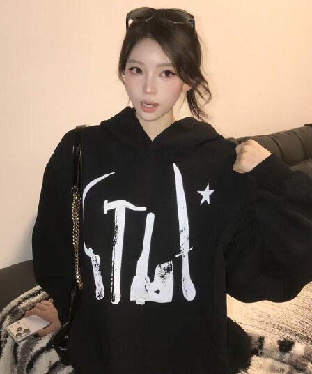 아메리칸 oversize 느긋한 바람 프린트 후드 티 스웨터 여성 가을 겨울철 검정색 루즈핏 커플룩 플러스 캐시미어 모자 셔츠