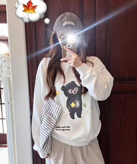 조수 브랜드 달콤함 작은 곰 프린트 라운드 넥 후드티 여성 가을 루즈핏 다용도 ins 캐주얼 후드티 트렌디