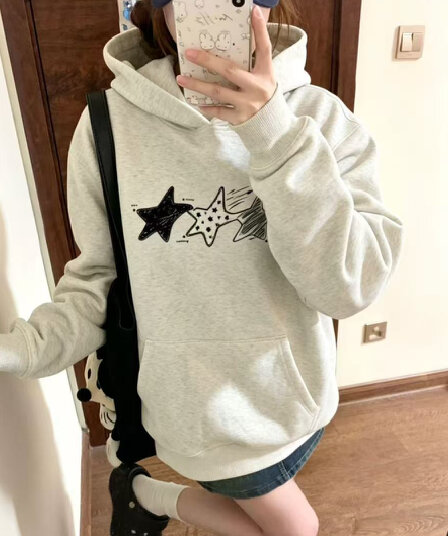 한 부서 달콤한 차가운 별 프린트 후드 티 스웨터 여성 가을 겨울 새로운 루즈핏 학생 다용도 느긋한 바람 털이 있는 재킷