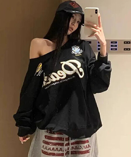 핫걸 비스듬한 어깨 후드티 여성 이른 가을 배색 알파벳 프린트 순면 루즈핏 긴팔 아메리칸 오프숄더 맨위 트렌디