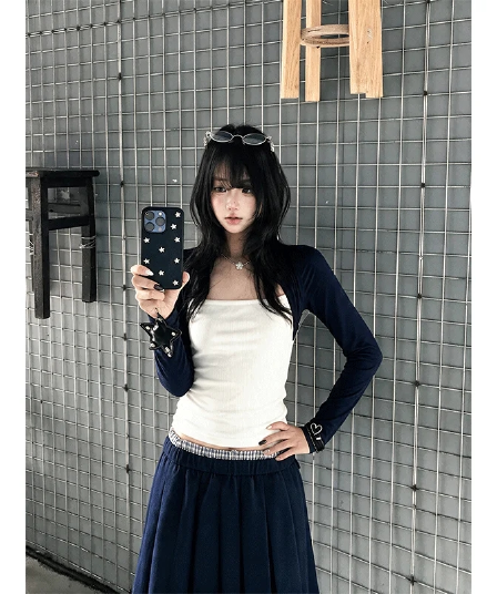 아메리칸 핫걸 페이크 레이어드 숄 패치워크 튜브탑 긴팔 티셔츠 여성 조기 가을 기본 셔츠