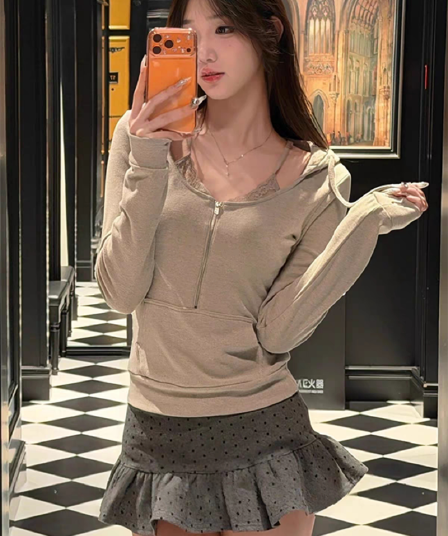 한 부서 캐주얼 품격 착용 가져 가라. 하프 지퍼 후드 여성 코트 몸매 가꾸기 슬림해 보이는 빛 산소 센스 후드티 작은 키 맨위