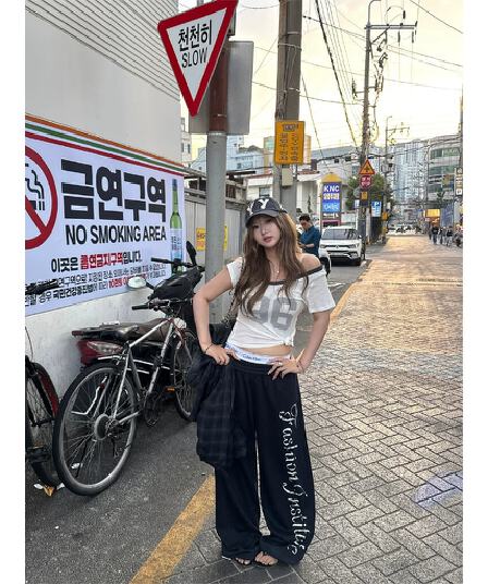 알파벳 프린트 스트레이트 펌프 로프 캐주얼 바지 여성 새로운 루즈핏 슬림해 보이는 넓은 다리 길이 바지 트렌디