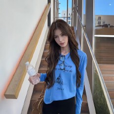 批发韩系蓝色字母印花圆领长袖T恤女秋季新款宽松显瘦通勤百搭上衣<b class='q'>潮</b>