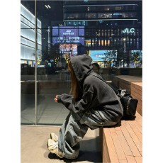 批发美式复古炒盐做旧连帽卫衣女秋季2026新款慵懒风宽松拉链开衫外套